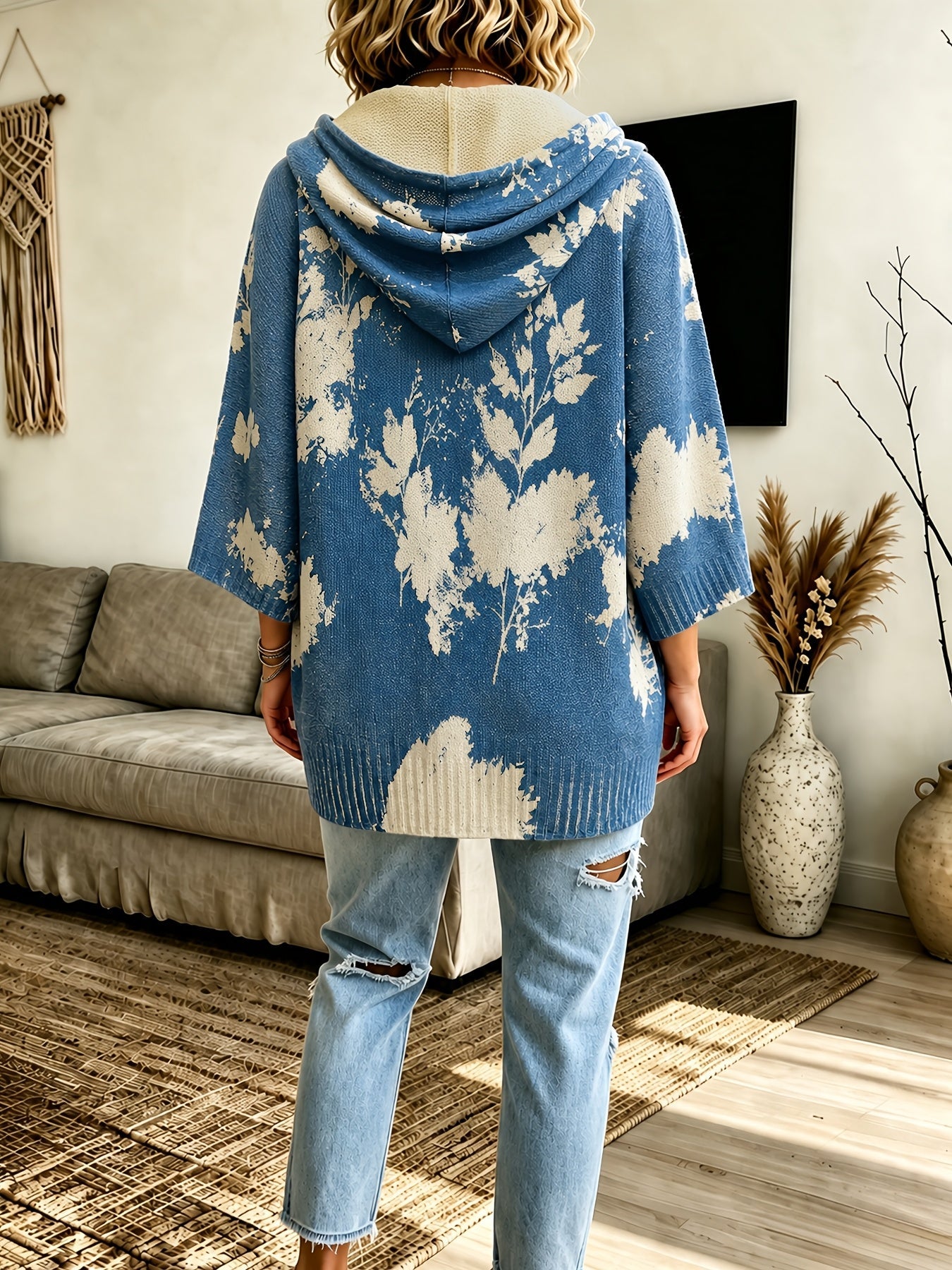 Novalie | Pull-cape vintage à motif floral pour femme – À capuche, manches 3/4