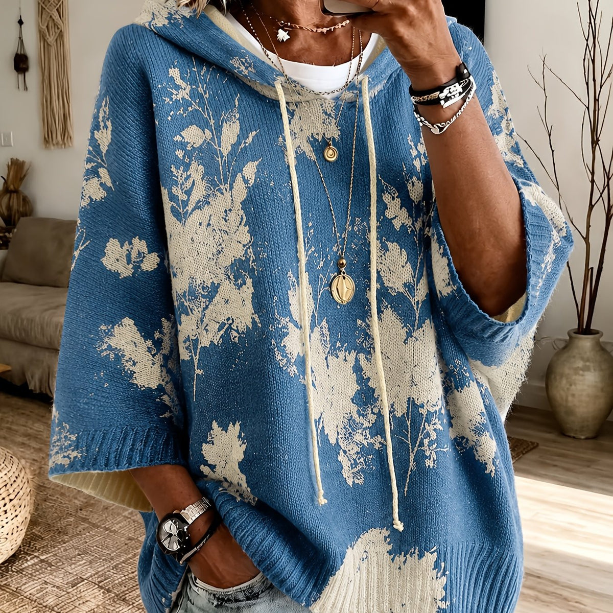 Novalie | Pull-cape vintage à motif floral pour femme – À capuche, manches 3/4