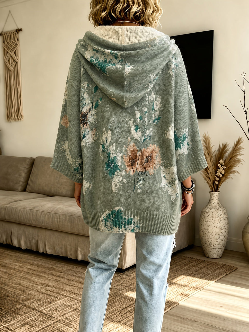 Novalie | Pull-cape vintage à motif floral pour femme – À capuche, manches 3/4