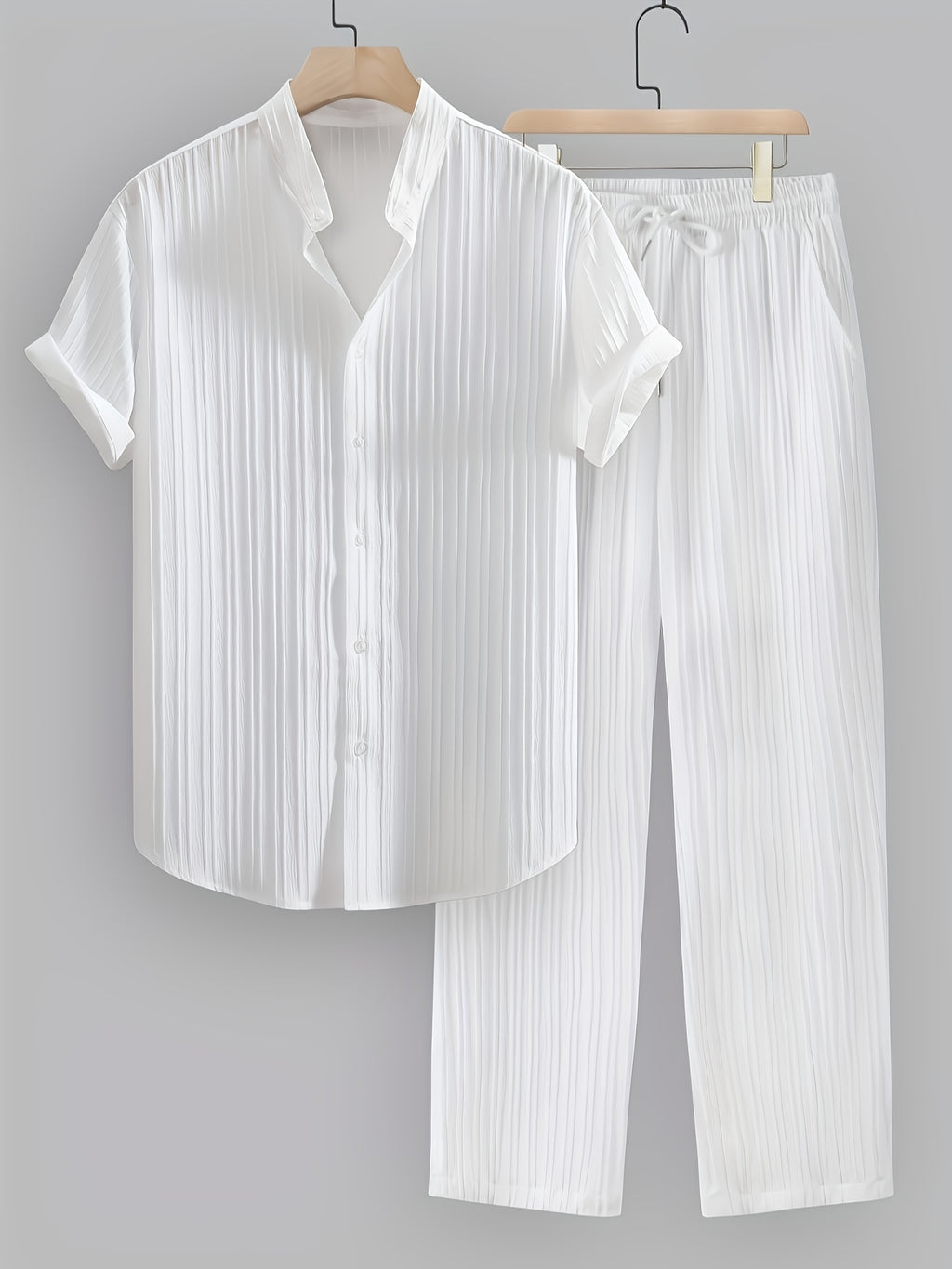 Esteban | Ensemble costume décontracté homme 2 pièces – Chemise à manches courtes avec col montant et pantalon à cordon de serrage
