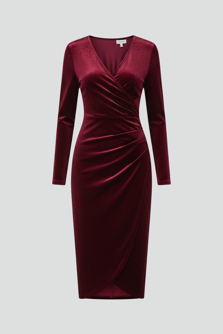 Aisling | Robe midi pour femme à col V – Manches longues, jupe portefeuille drapée