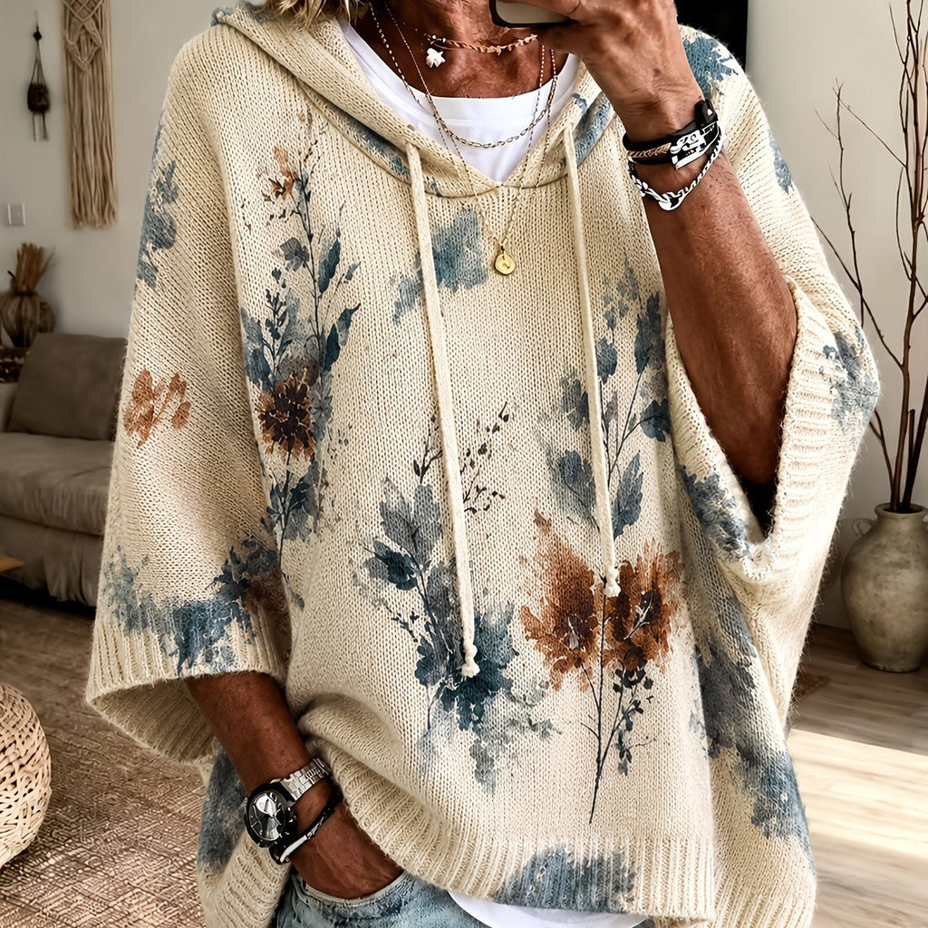 Novalie | Pull-cape vintage à motif floral pour femme – À capuche, manches 3/4