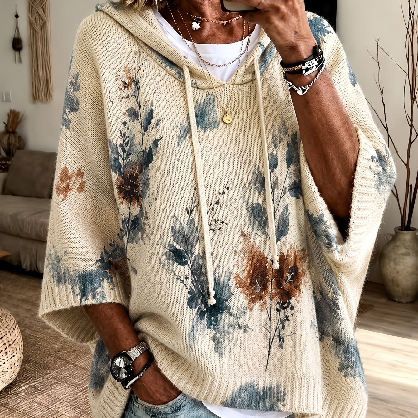Novalie | Pull-cape vintage à motif floral pour femme – À capuche, manches 3/4
