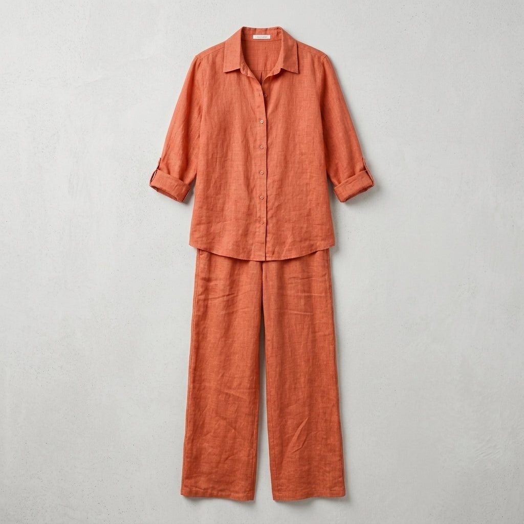 Béatrice | Ensemble deux pièces en lin pour femme – Chemisier respirant et pantalon à jambes larges