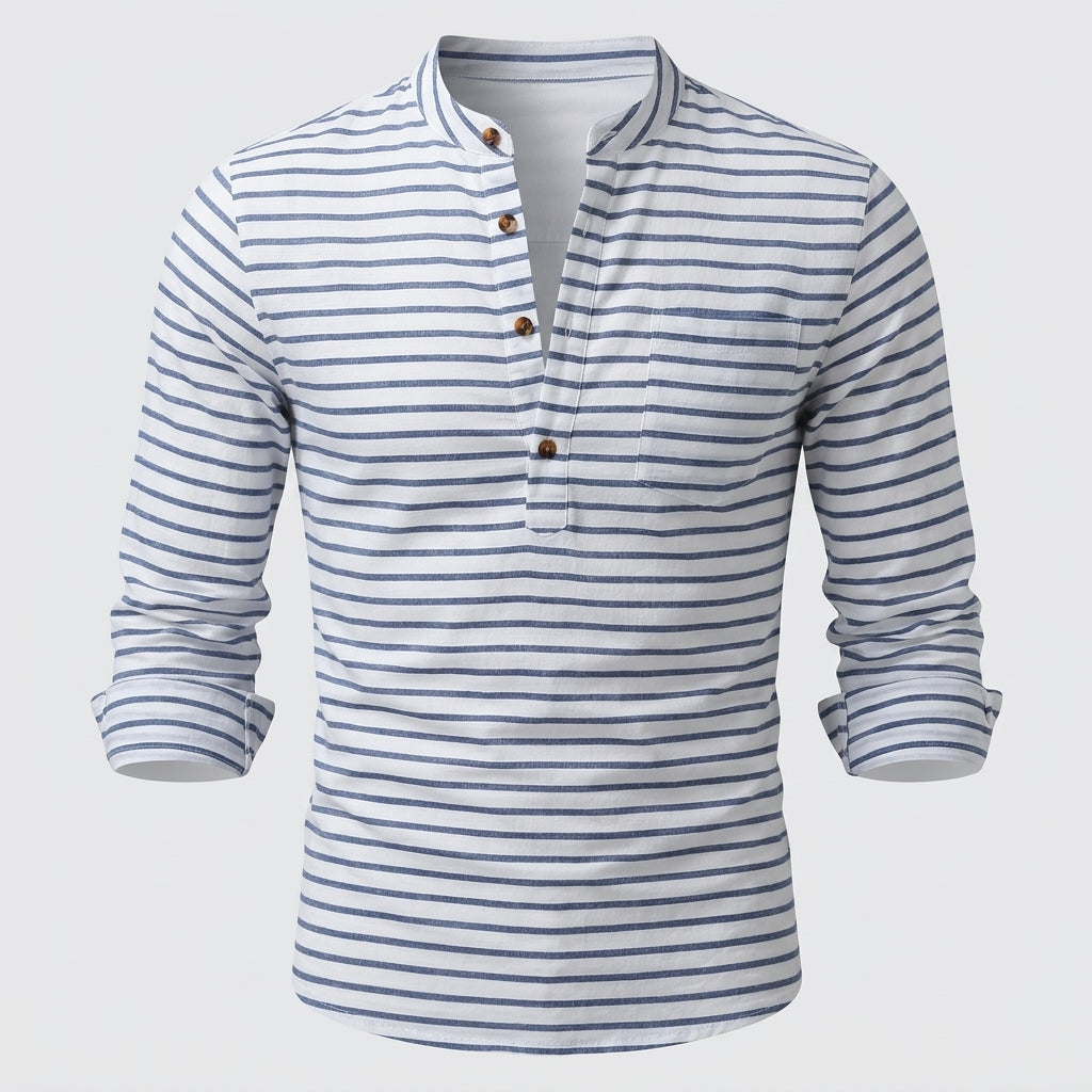 August | Chemise Henley à manches longues rayée pour homme - Chemise décontractée en mélange de coton