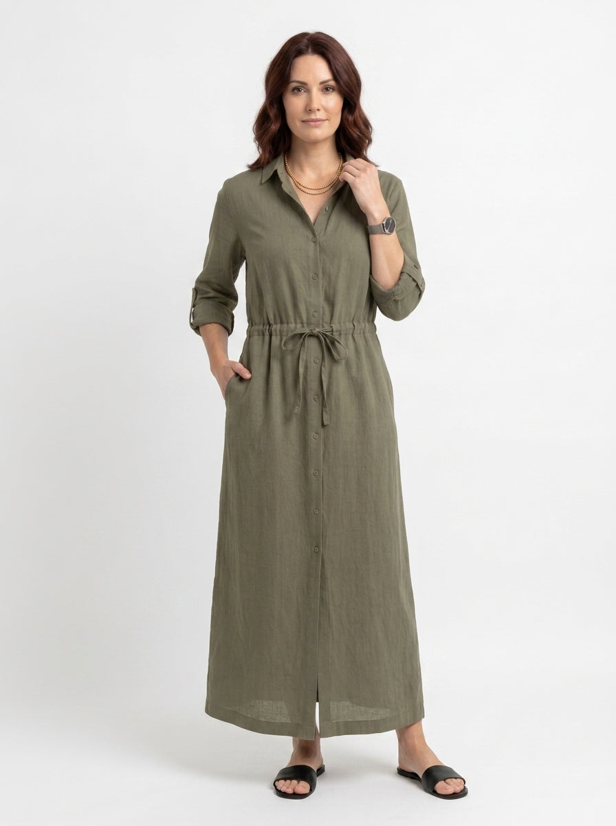 Aimée | Robe longue à manches longues en tissu tissé pour femme - Robe-chemise boutonnée