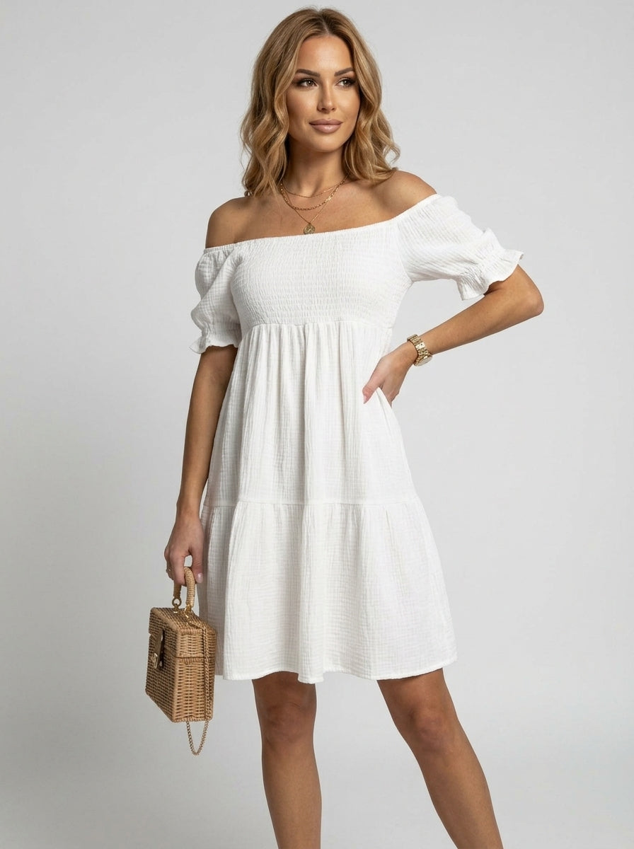 Anaëlle | Robe midi à volants texturés pour femme - Robe bohème à épaules dénudées et volants