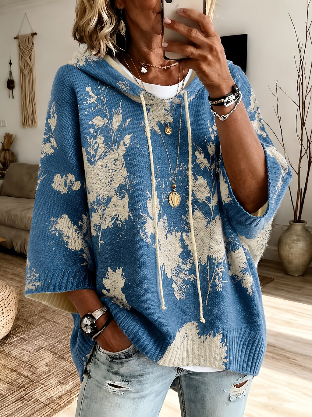 Novalie | Pull-cape vintage à motif floral pour femme – À capuche, manches 3/4