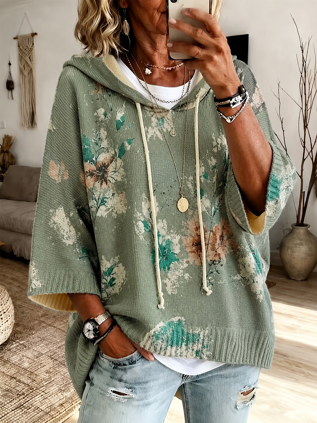 Novalie | Pull-cape vintage à motif floral pour femme – À capuche, manches 3/4