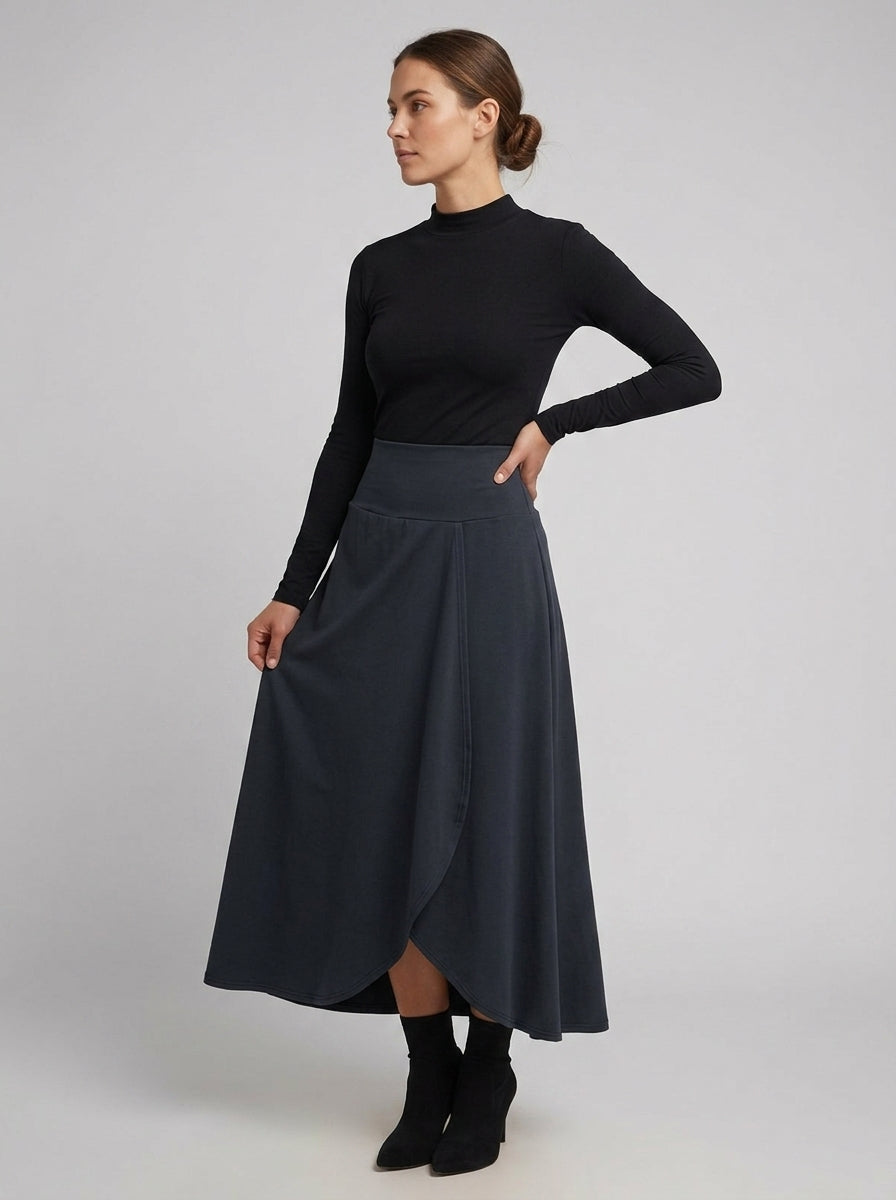 Anika | Jupe longue taille haute pour femme – Croisée sur le devant, coupe évasée en A
