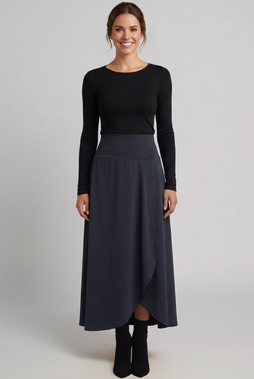 Anika | Jupe longue taille haute pour femme – Croisée sur le devant, coupe évasée en A