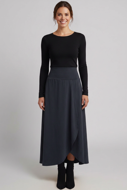 Anika | Jupe longue taille haute pour femme – Croisée sur le devant, coupe évasée en A