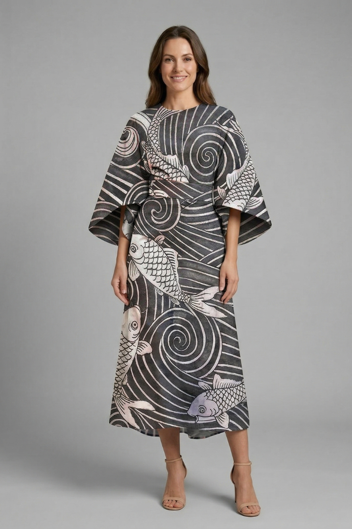 Ilaria | Robe midi à imprimé abstrait pour femme – Coupe ample, longueur mi-mollet