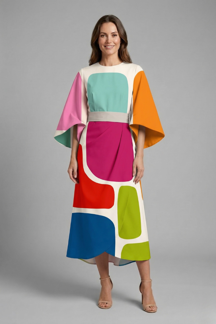 Ilaria | Robe midi à imprimé abstrait pour femme – Coupe ample, longueur mi-mollet