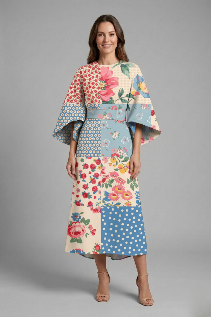 Ilaria | Robe midi à imprimé abstrait pour femme – Coupe ample, longueur mi-mollet