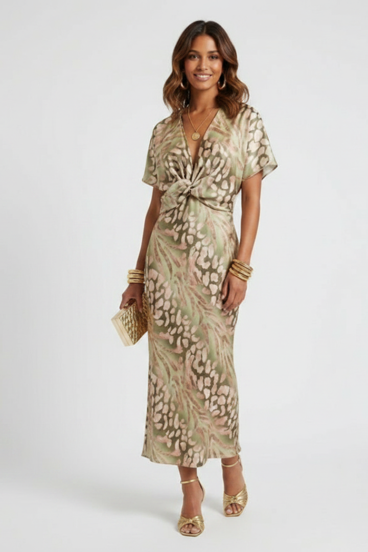 Juniper | Robe mi-longue à fleurs pour femme – Robe plissée à col en V et manches courtes