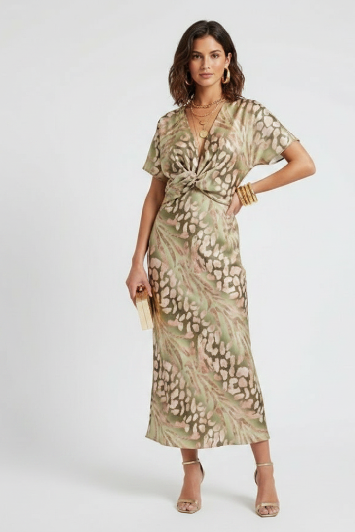 Juniper | Robe mi-longue à fleurs pour femme – Robe plissée à col en V et manches courtes
