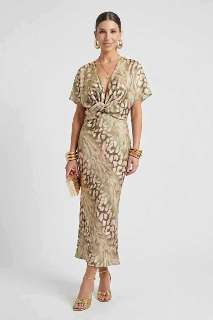 Juniper | Robe mi-longue à fleurs pour femme – Robe plissée à col en V et manches courtes