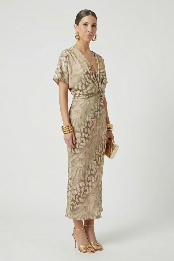 Juniper | Robe mi-longue à fleurs pour femme – Robe plissée à col en V et manches courtes