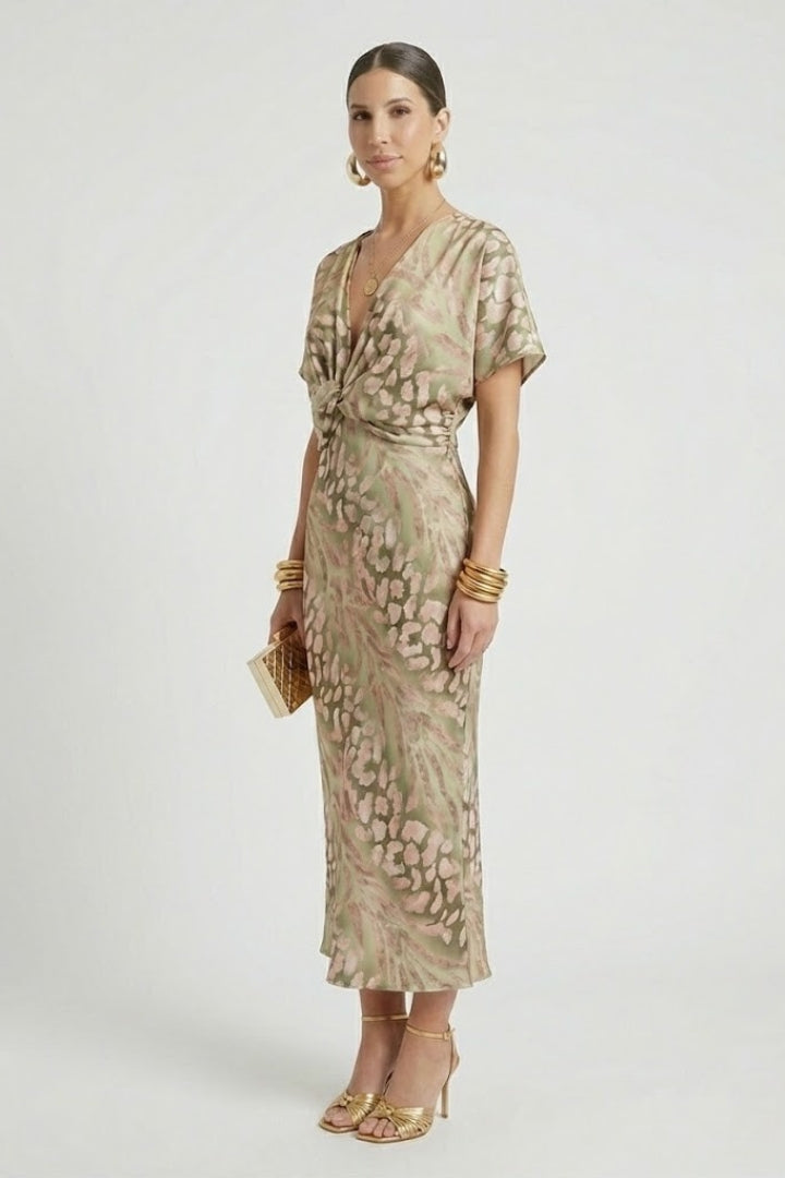 Juniper | Robe mi-longue à fleurs pour femme – Robe plissée à col en V et manches courtes