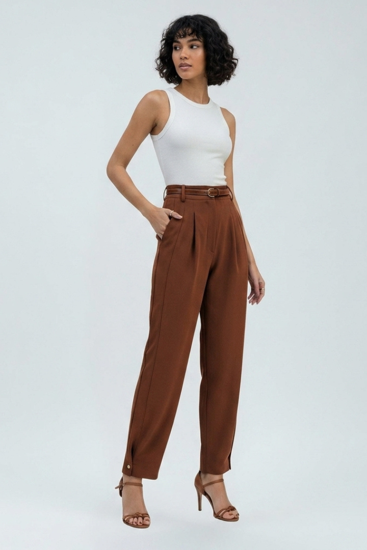 Zinniah | Pantalon fuselé taille haute pour femme – Pantalon habillé plissé avec ceinture