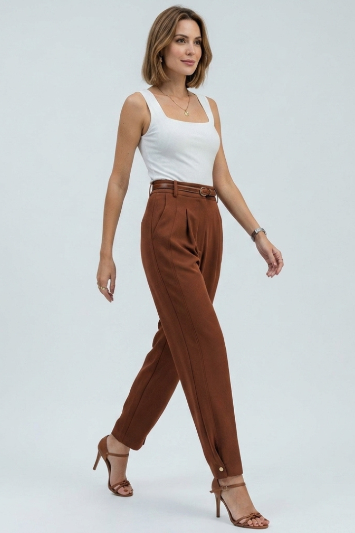 Zinniah | Pantalon fuselé taille haute pour femme – Pantalon habillé plissé avec ceinture