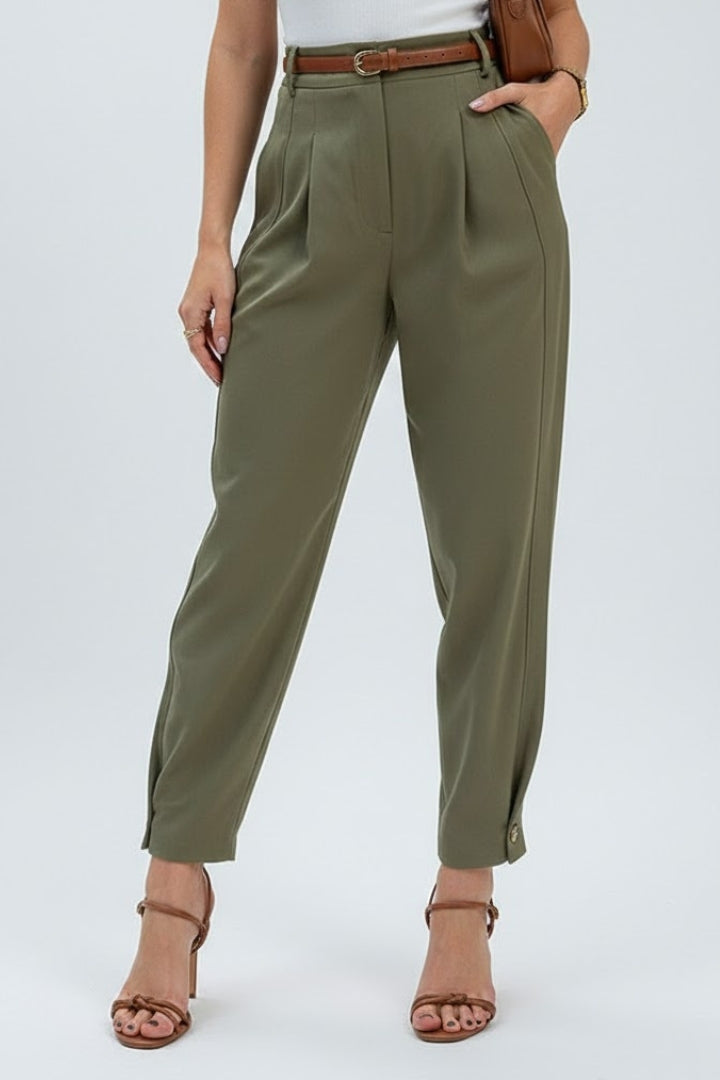 Zinniah | Pantalon fuselé taille haute pour femme – Pantalon habillé plissé avec ceinture