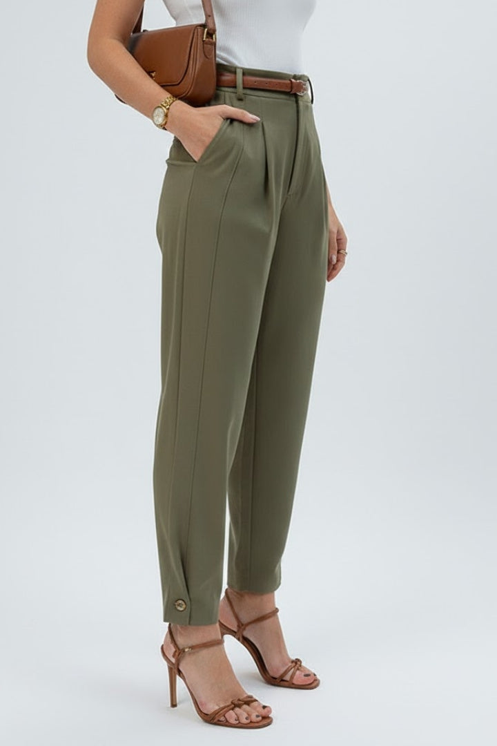 Zinniah | Pantalon fuselé taille haute pour femme – Pantalon habillé plissé avec ceinture