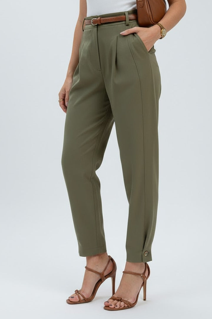 Zinniah | Pantalon fuselé taille haute pour femme – Pantalon habillé plissé avec ceinture
