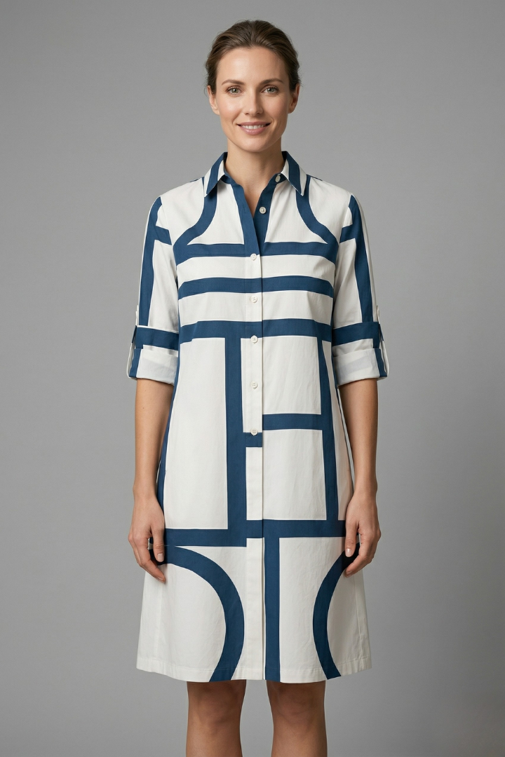 Freyelle | Robe Chemise Géométrique pour Femme – Robe à Manches Longues avec Boutonnage sur le