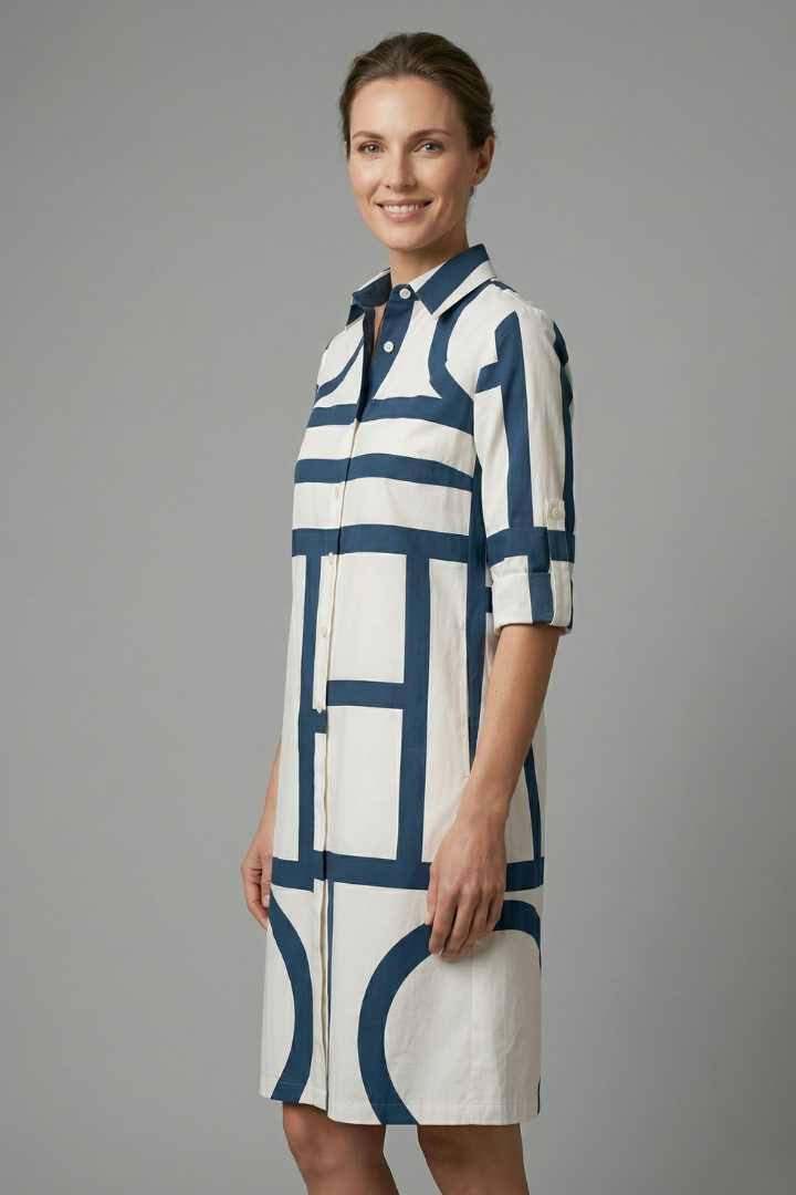 Freyelle | Robe Chemise Géométrique pour Femme – Robe à Manches Longues avec Boutonnage sur le