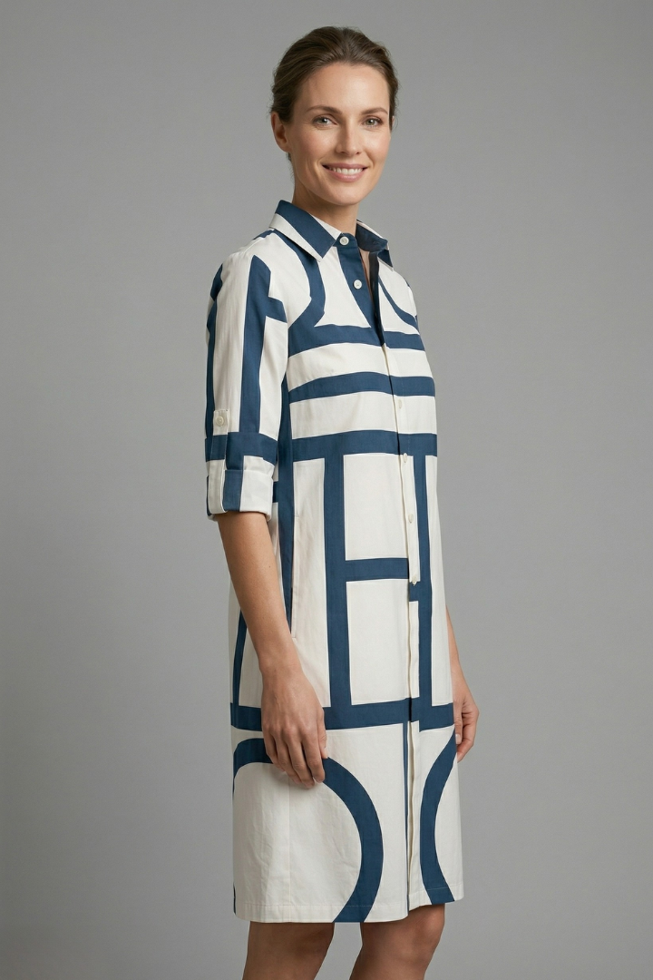 Freyelle | Robe Chemise Géométrique pour Femme – Robe à Manches Longues avec Boutonnage sur le