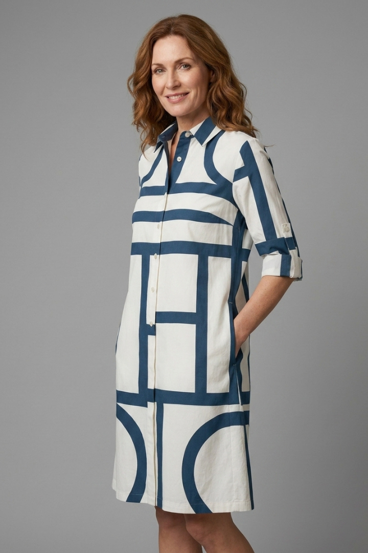 Freyelle | Robe Chemise Géométrique pour Femme – Robe à Manches Longues avec Boutonnage sur le