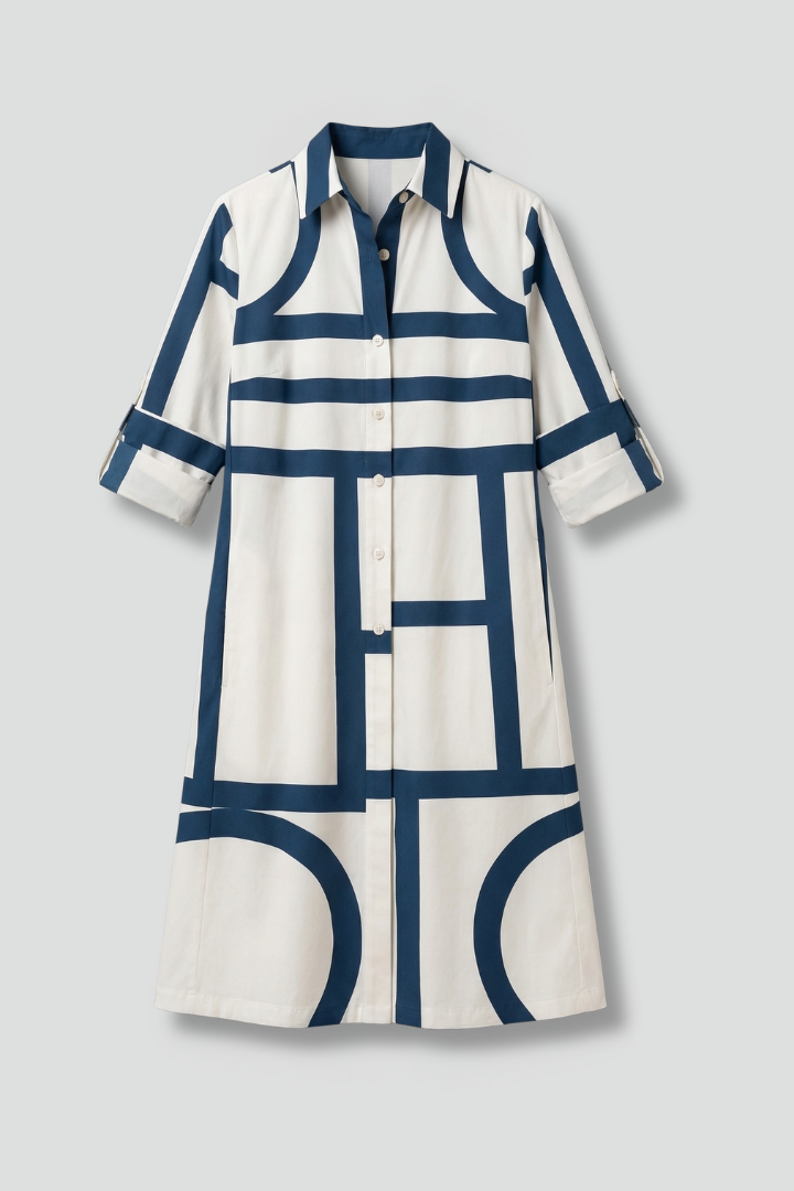 Freyelle | Robe Chemise Géométrique pour Femme – Robe à Manches Longues avec Boutonnage sur le