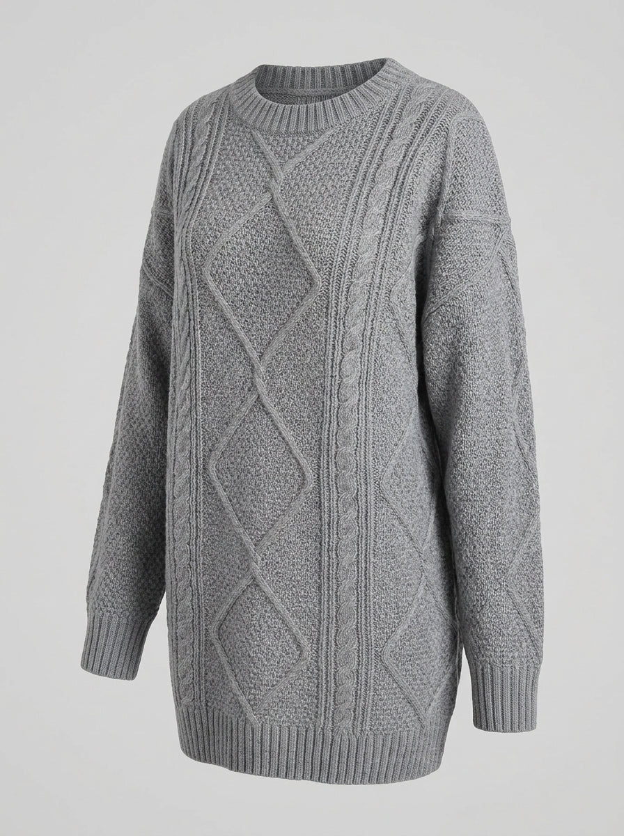 Orianne | Robe-pull pour femme en maille torsadée grise – col rond, épaules tombantes