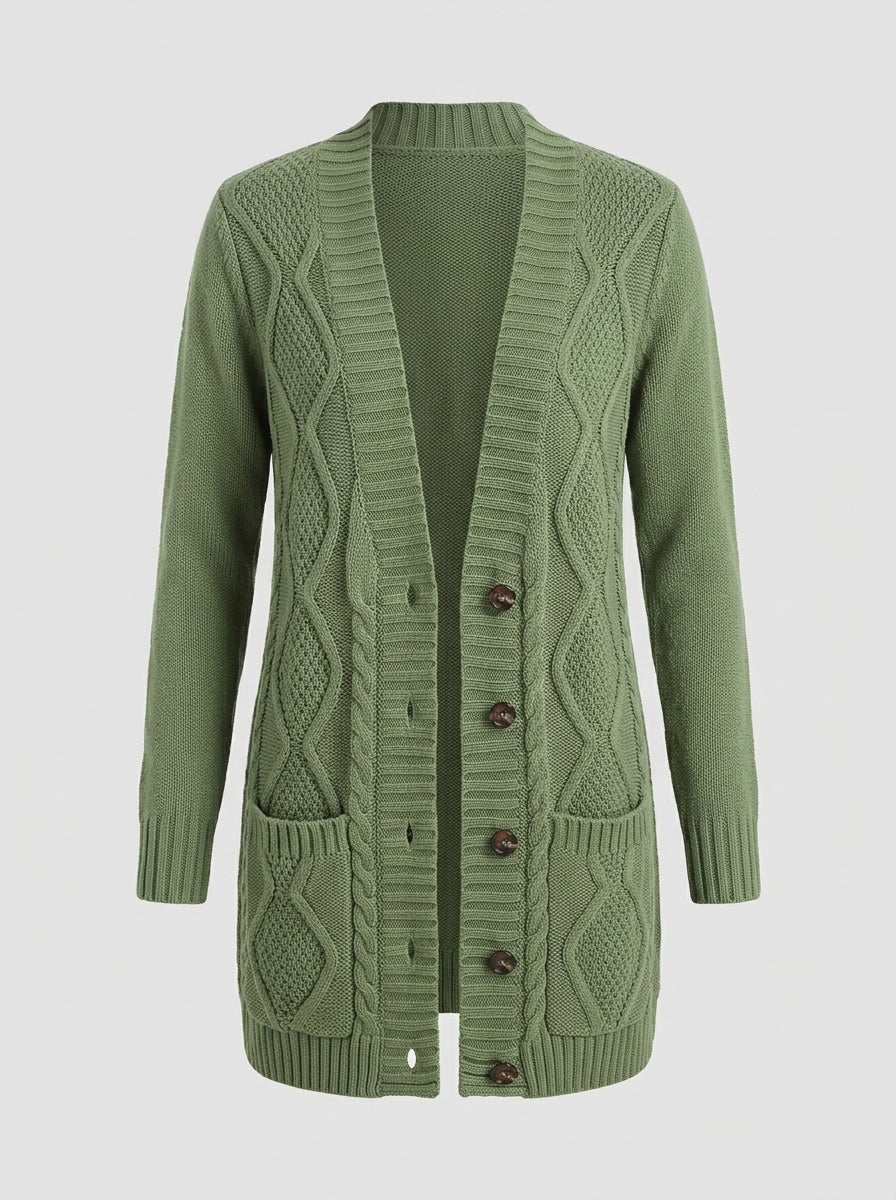 Kalindra | Women's Gray Knit Cardigan – V-Neck Button Front Sweater with Pockets