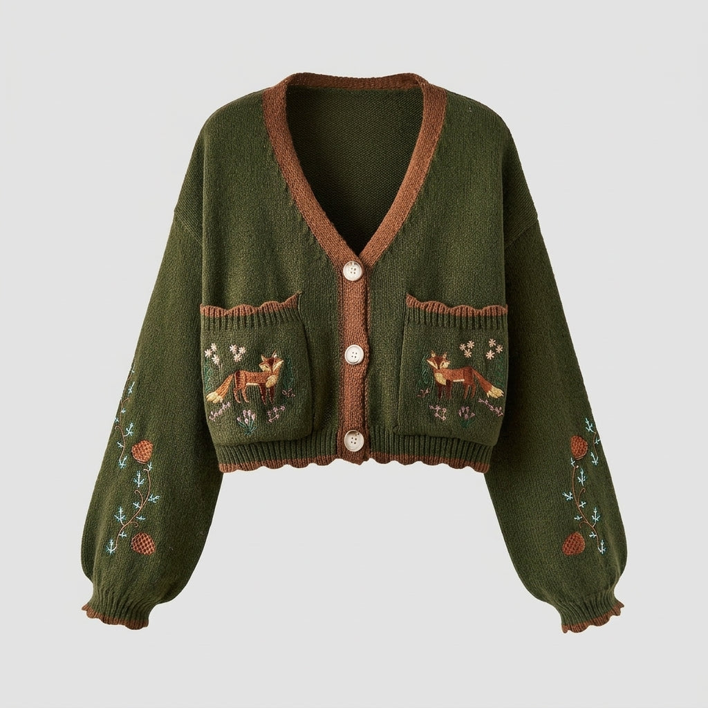 Elsinne | Cardigan pour femme à blocs de couleur – Motif renard brodé