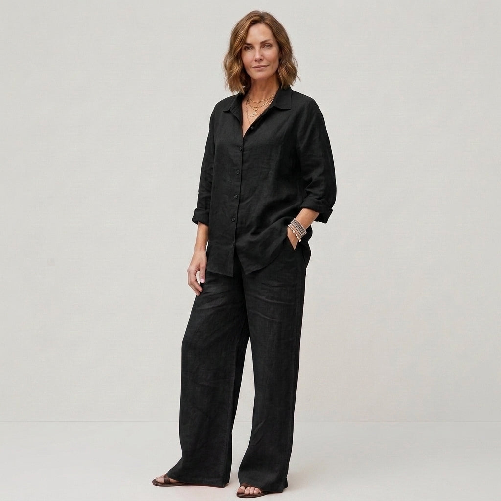 Béatrice | Ensemble deux pièces en lin pour femme – Chemisier respirant et pantalon à jambes larges