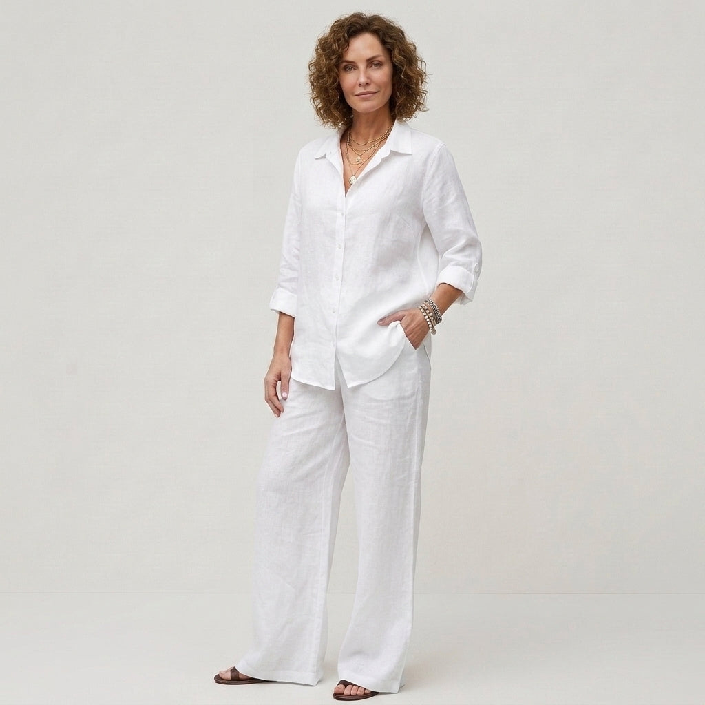 Béatrice | Ensemble deux pièces en lin pour femme – Chemisier respirant et pantalon à jambes larges