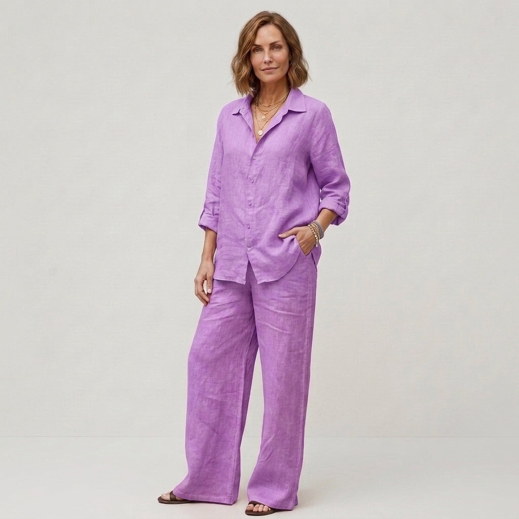 Béatrice | Ensemble deux pièces en lin pour femme – Chemisier respirant et pantalon à jambes larges