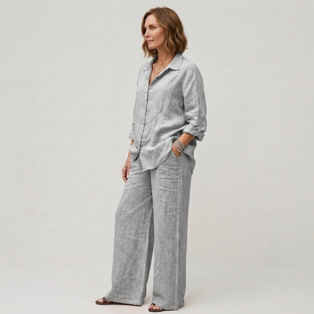 Béatrice | Ensemble deux pièces en lin pour femme – Chemisier respirant et pantalon à jambes larges