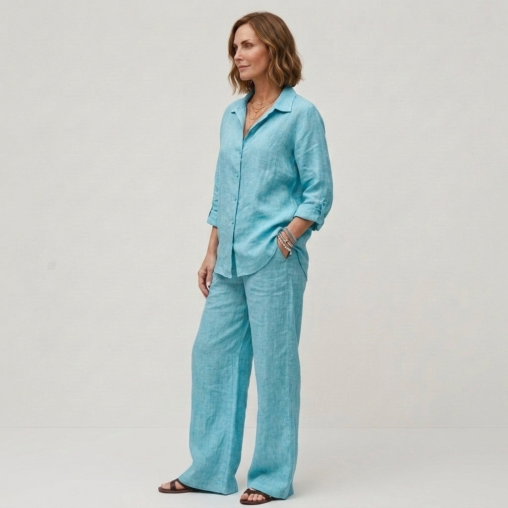 Béatrice | Ensemble deux pièces en lin pour femme – Chemisier respirant et pantalon à jambes larges