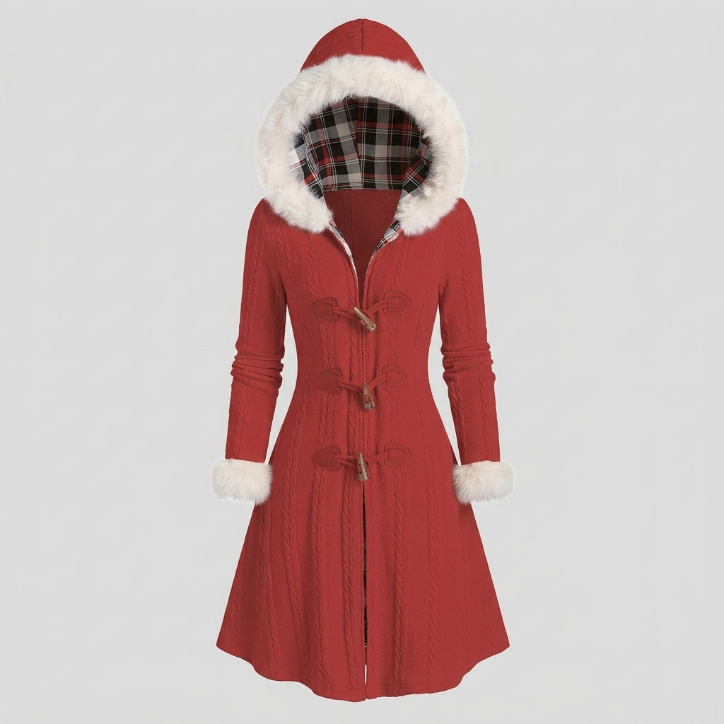 Nyxara | Manteau à capuche pour femme, motif écossais et patchwork – Fermeture à boutons sur le devant