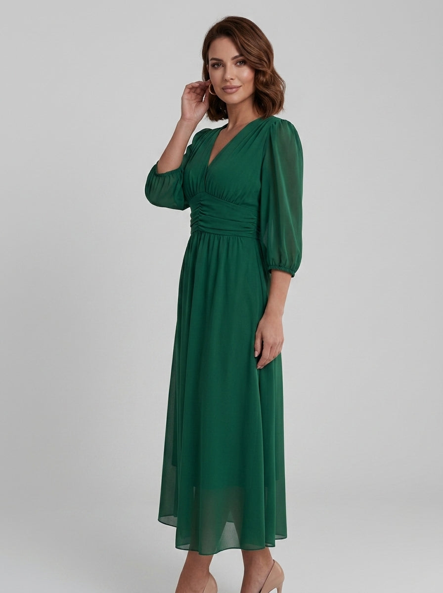 Catherine | Robe midi croisée à col en V pour femme – Robe évasée à manches longues