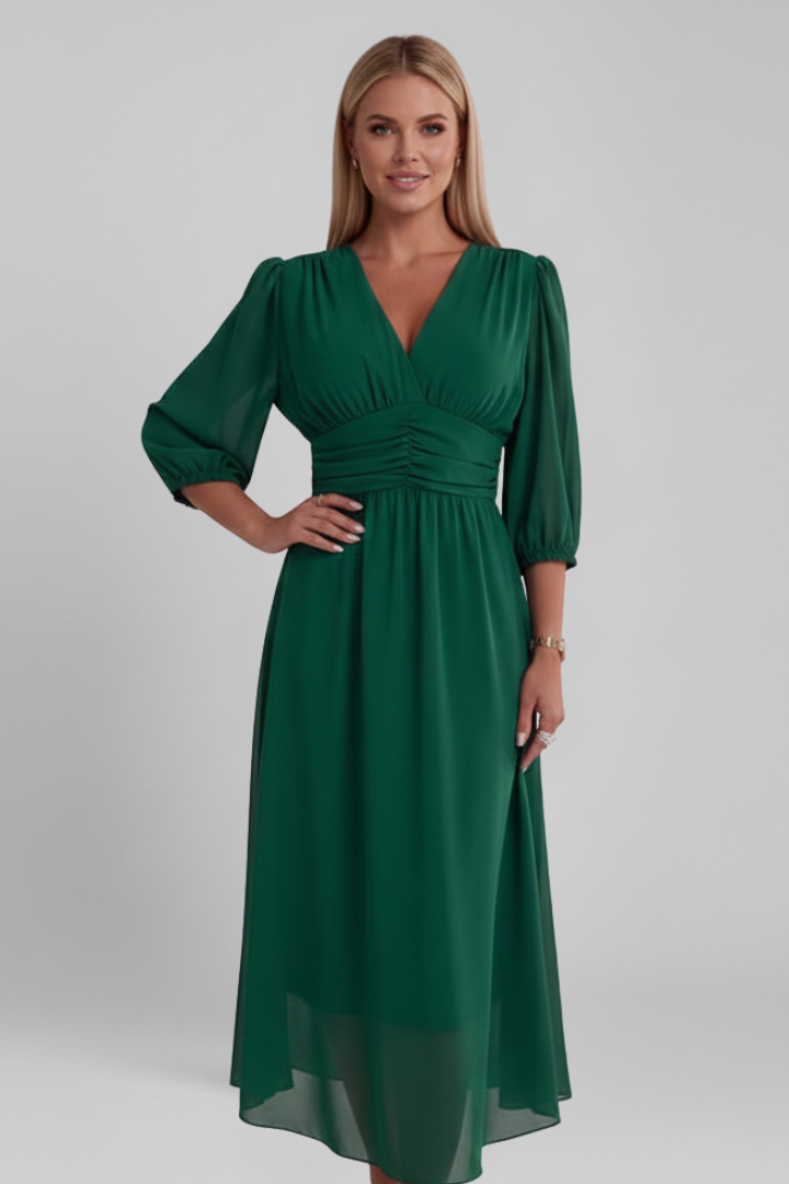 Catherine | Robe midi croisée à col en V pour femme – Robe évasée à manches longues