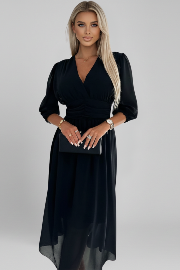Catherine | Robe midi croisée à col en V pour femme – Robe évasée à manches longues
