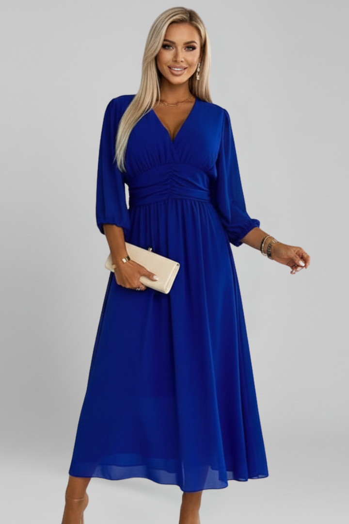 Catherine | Robe midi croisée à col en V pour femme – Robe évasée à manches longues