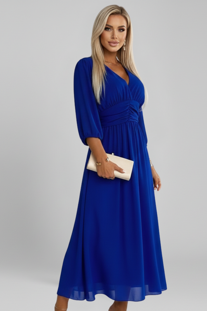 Catherine | Robe midi croisée à col en V pour femme – Robe évasée à manches longues