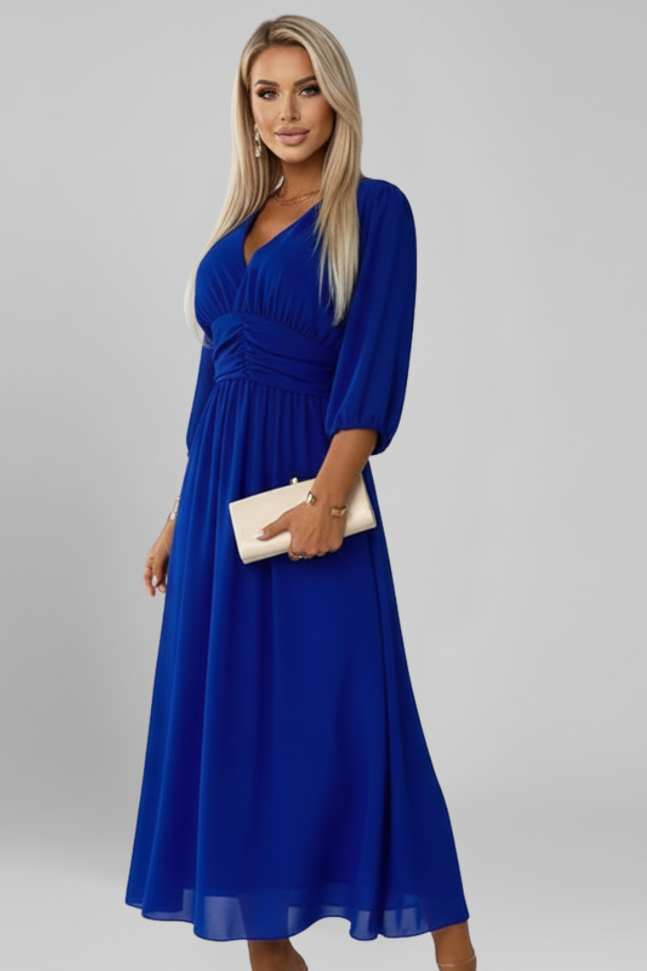 Catherine | Robe midi croisée à col en V pour femme – Robe évasée à manches longues