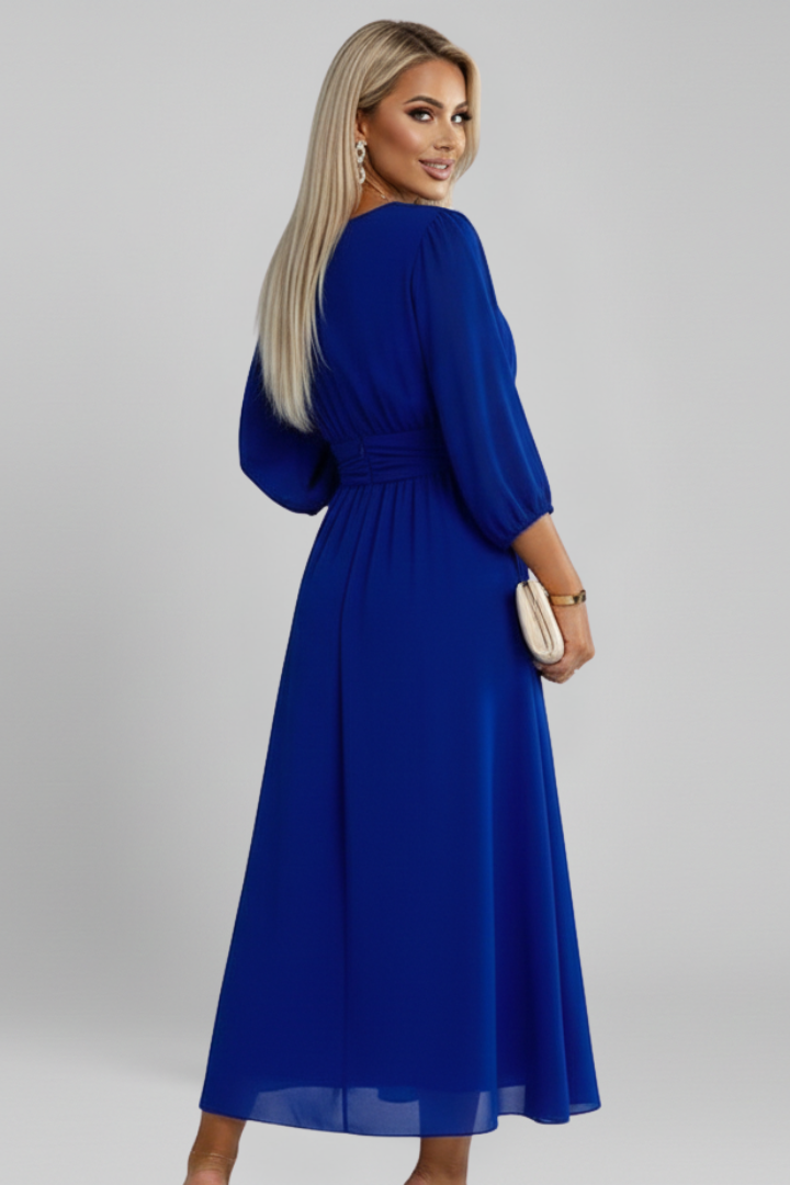 Catherine | Robe midi croisée à col en V pour femme – Robe évasée à manches longues